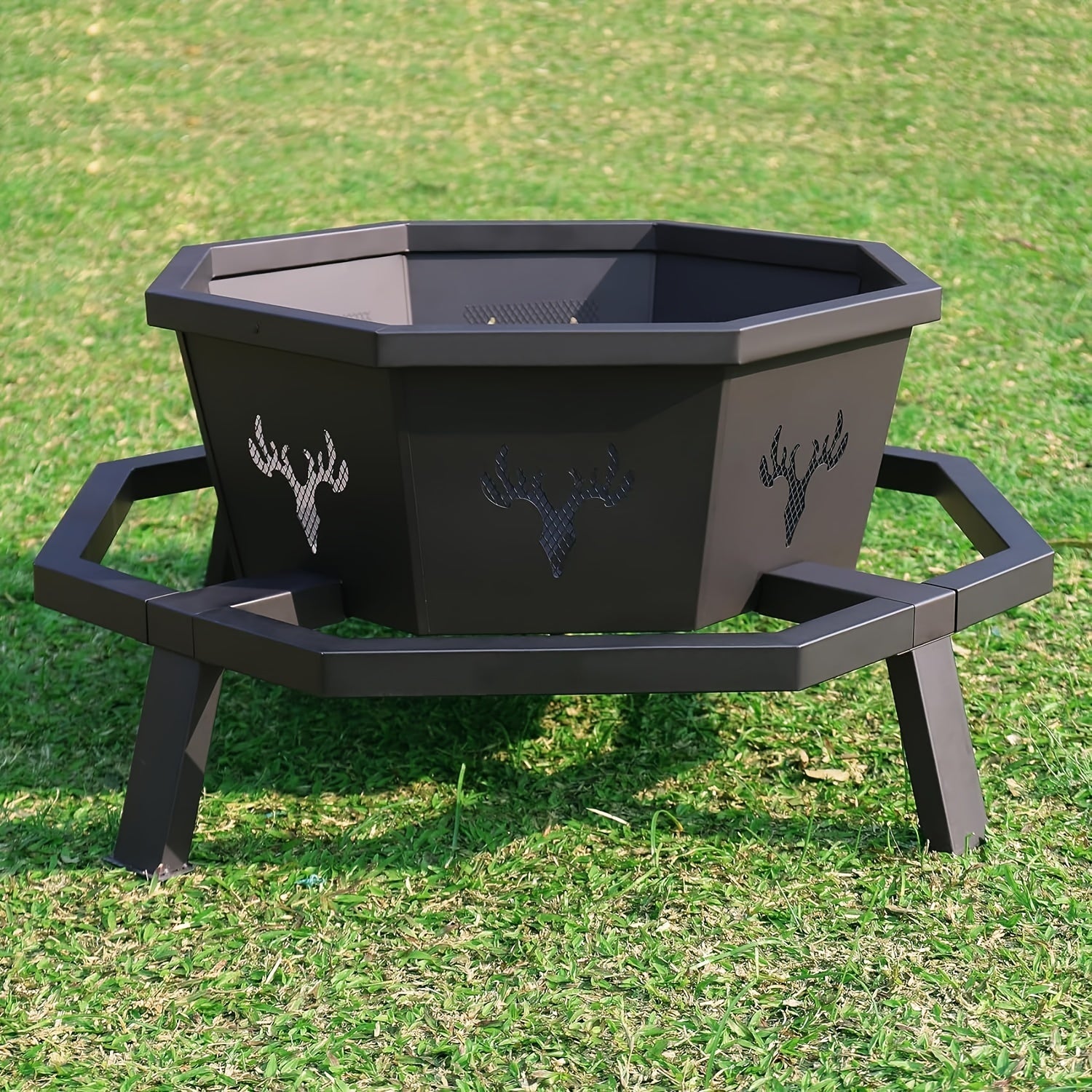 35" Octagonal Wood-Burning Fire Pit - Premium Durable Outdoor Backyard Patio Heater With Poker, Sleek Black Finish, Safe For Camping