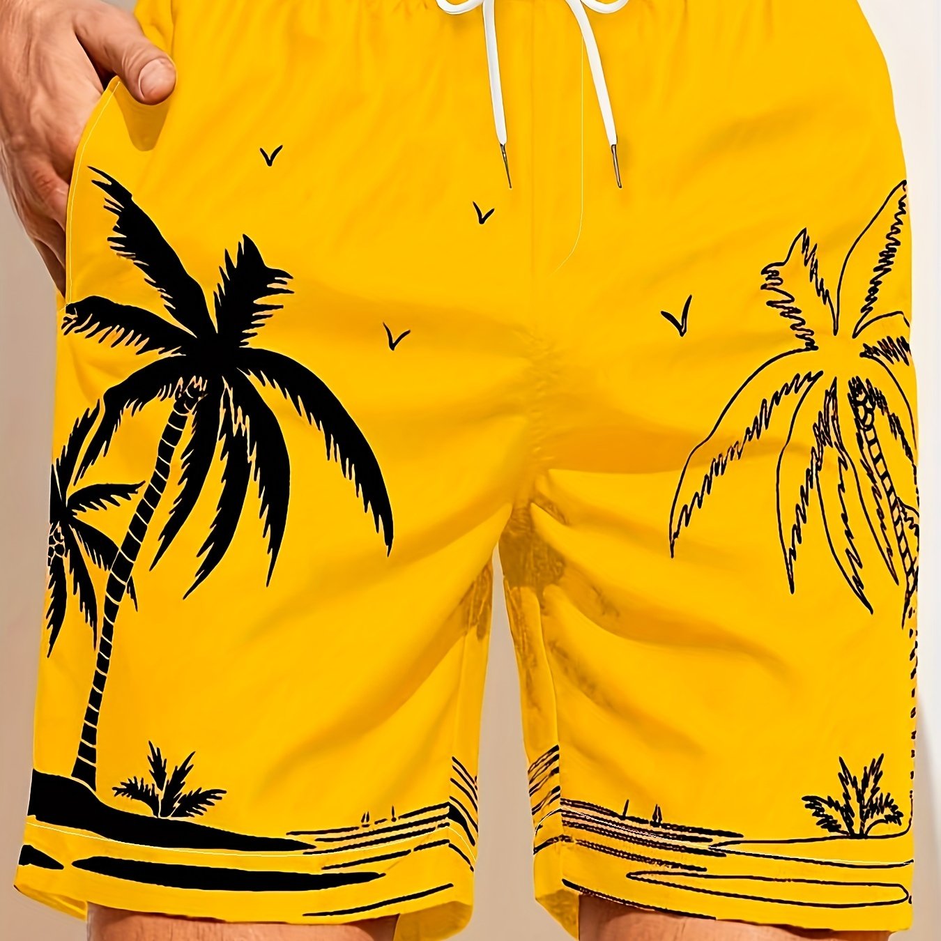 Quick Drying Mesh Lining Comfortable Breathable Palm Tree Pattern Drawstring Swim Trunks With 2 Pockets, Men's Pants Swimwear For Summer Vacation Resort Beach Pool