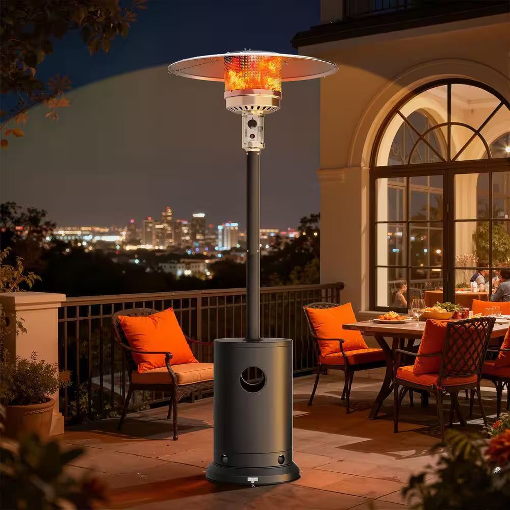 Upgraded 50,000 BTU Stainless Steel Matte Black Propane Gas Standing Patio Heater with 2-Wheels and Flame-Out Protection