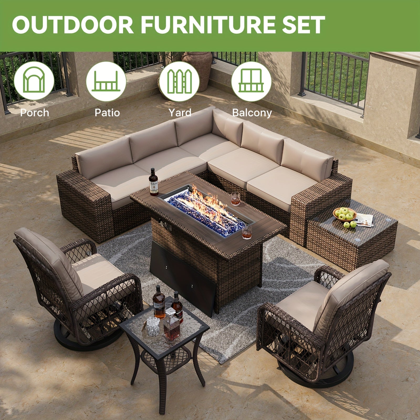 10 piece 10-Piece Patio Conversation Set with Rocking Chair, Wicker Rattan Firepit Table and Chairs