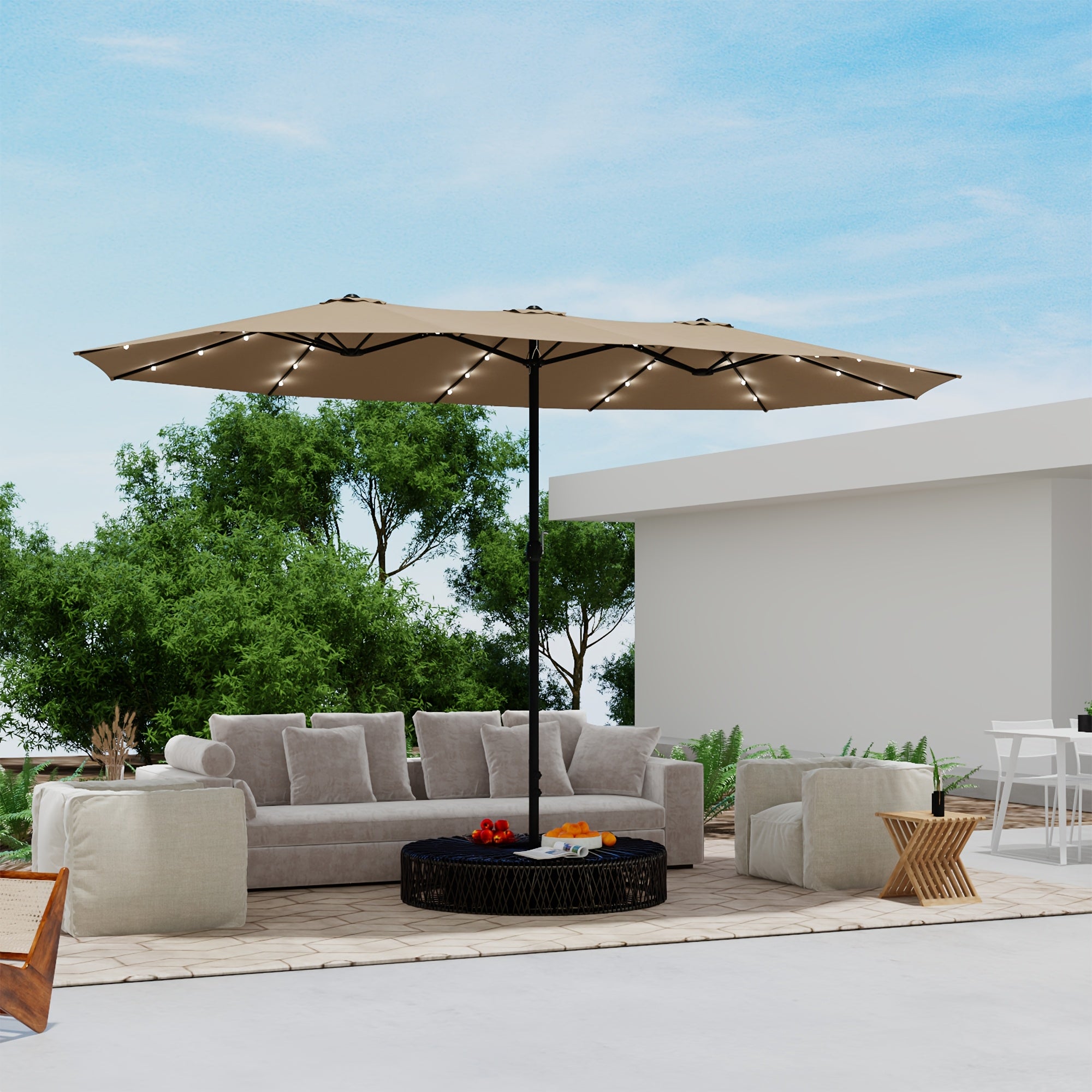 PHI VILLA 15ft Extra Large Rectangular Outdoor Umbrella with Base - Double-Sided Canopy, Heavy-Duty UV, Sturdy Iron Frame & Fabric - Blue Modern Patio Umbrella for Pool, Garden, Backyard, Balcony - Easy-Clean & Windproof Desi