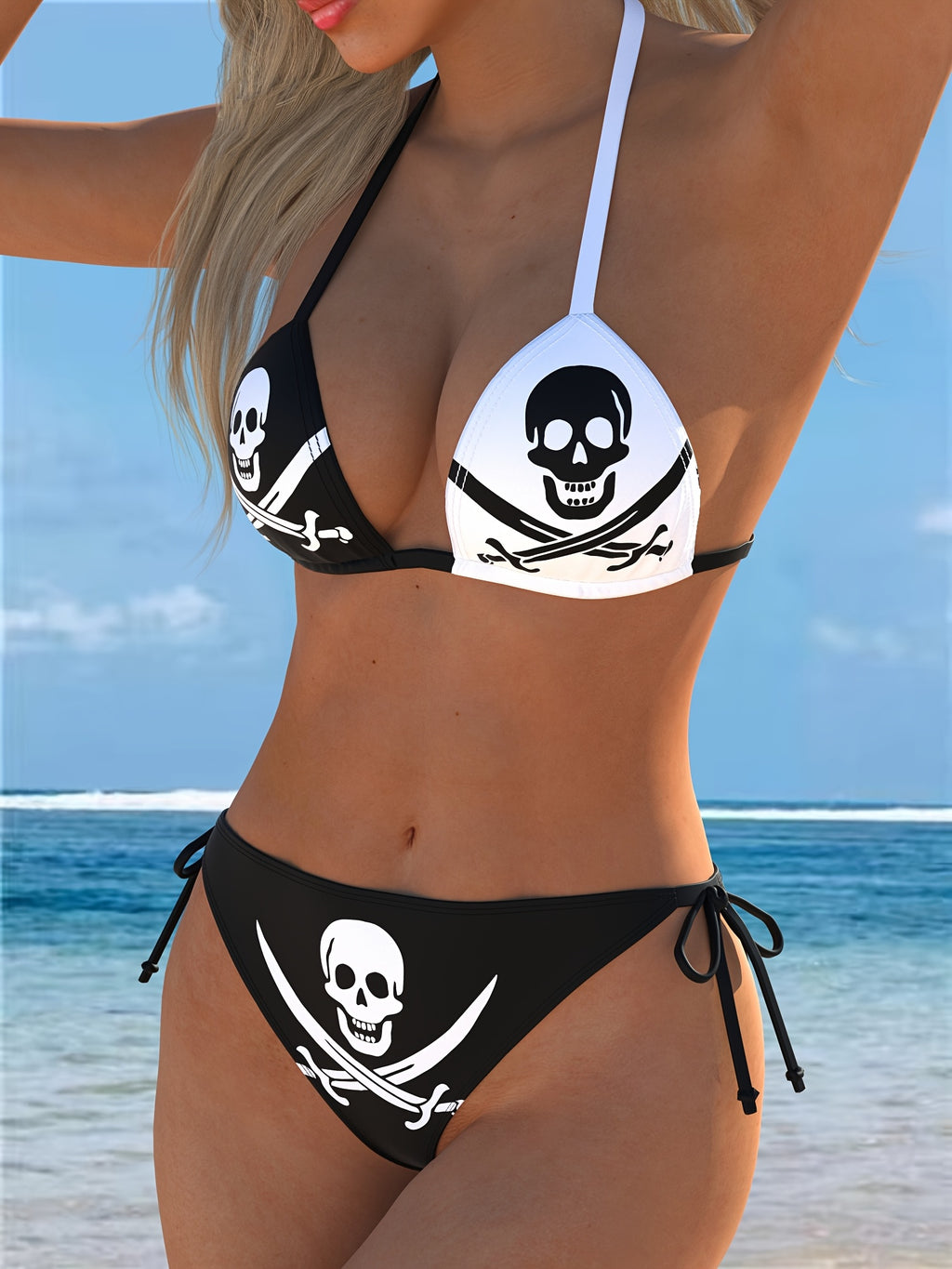 [Sexy Bikini] Sexy V-Neck Women's Bikini Set | Pirate Print Pattern, High Elasticity Fabric, Suitable for Beach and Pool