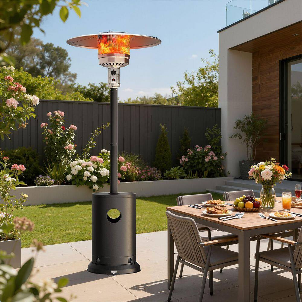 Upgraded 50,000 BTU Stainless Steel Matte Black Propane Gas Standing Patio Heater with 2-Wheels and Flame-Out Protection