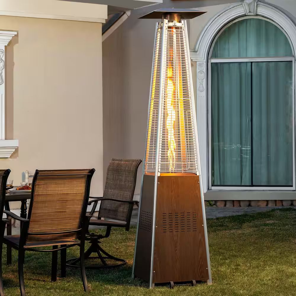 48,000 BTU Stainless Steel Wood-Grain Finish Pyramid Propane Gas Patio Heater with Wheels