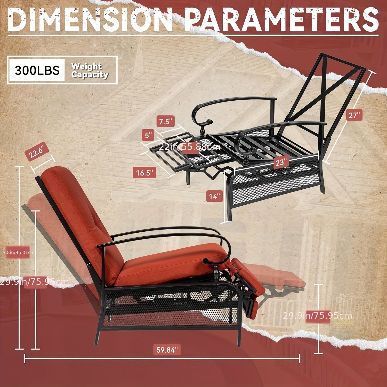 Relaxation Master Recliner - Adjustable Backrest Lounge Chair for Outdoor Leisure - Black Metal Frame, Removable Cushions, Durable, Comfortable, Perfect for Porch, Backyard, Pool or Garden, Red