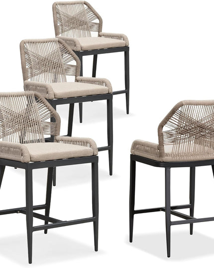 Counter Height Bar Stools Set of 4 Rattan Wicker Outdoor Metal Boho Barstools with Back and Footrest Patio Garden Balcony Pool Bar Chairs