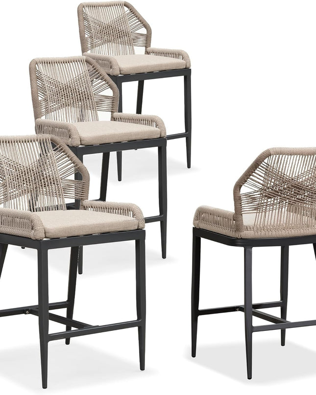Counter Height Bar Stools Set of 4 Rattan Wicker Outdoor Metal Boho Barstools with Back and Footrest Patio Garden Balcony Pool Bar Chairs