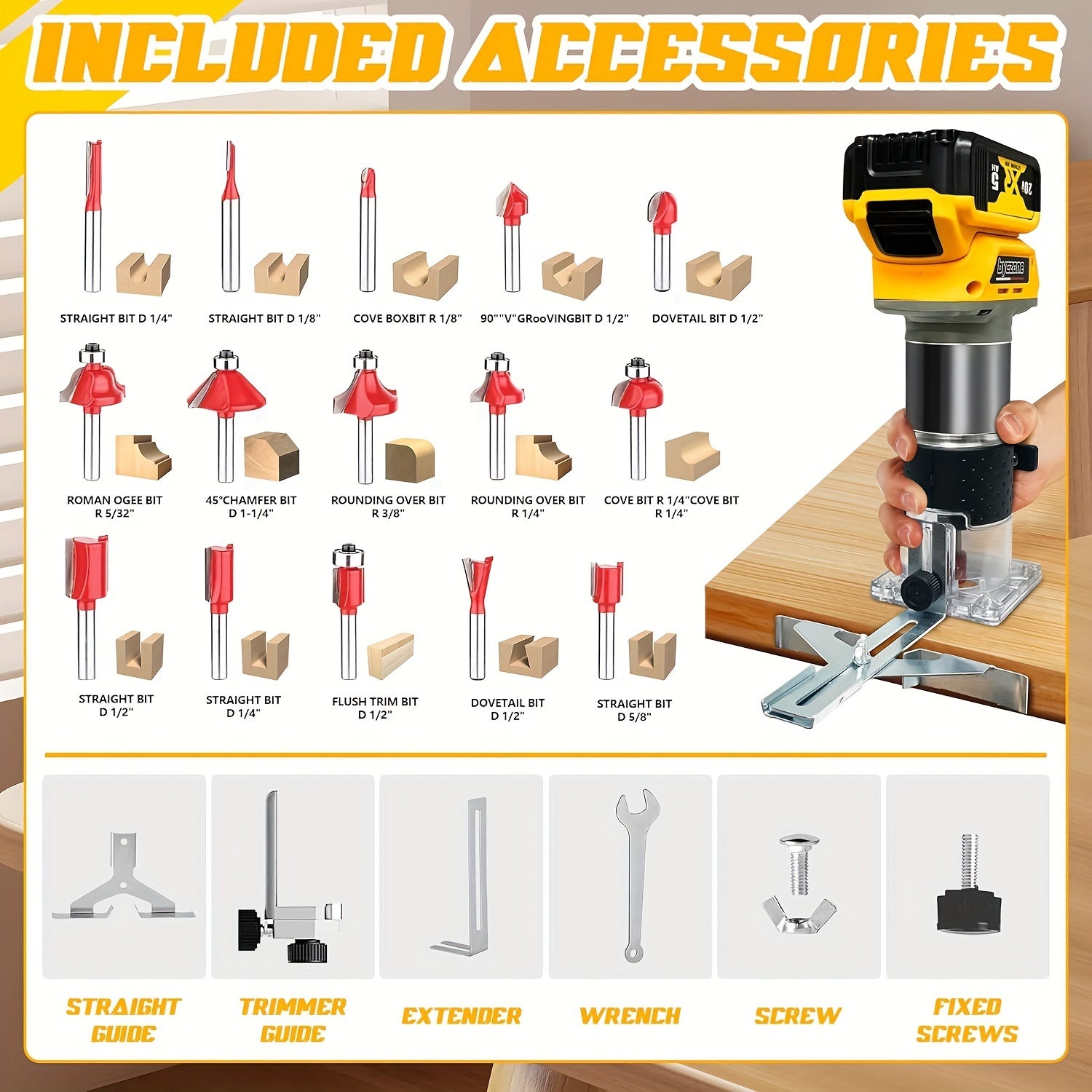 12 PCS 1/4" Router Bits 800W Cordless Wood Router - Routers with 30000RPM Brushless Motor, 6 Speeds, Edge Guide, Roller Guide, Compatible with Dewalt 20V Battery (Machine Only)