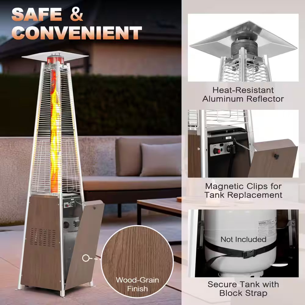 48,000 BTU Stainless Steel Wood-Grain Finish Pyramid Propane Gas Patio Heater with Wheels