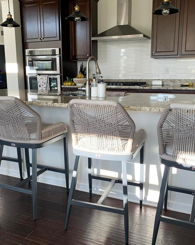 Counter Height Bar Stools Set of 4 Rattan Wicker Outdoor Metal Boho Barstools with Back and Footrest Patio Garden Balcony Pool Bar Chairs