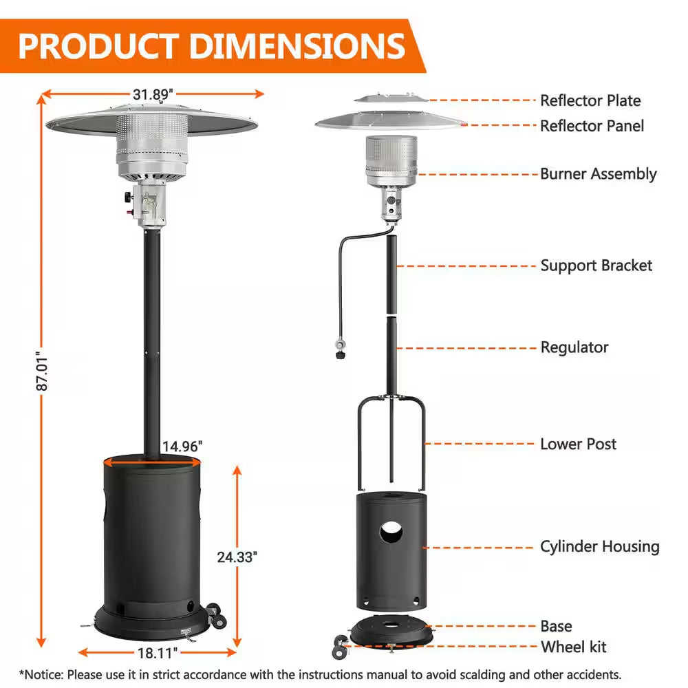 Upgraded 50,000 BTU Stainless Steel Matte Black Propane Gas Standing Patio Heater with 2-Wheels and Flame-Out Protection