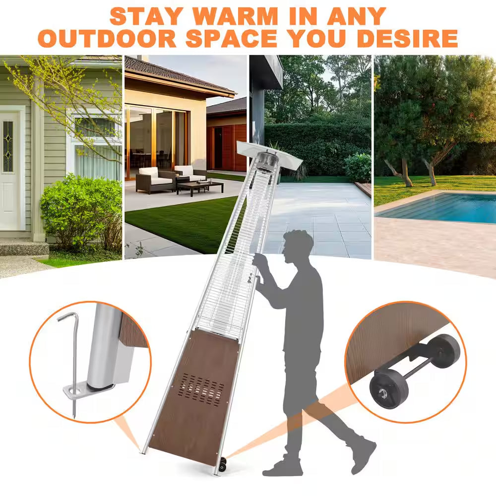 48,000 BTU Stainless Steel Wood-Grain Finish Pyramid Propane Gas Patio Heater with Wheels