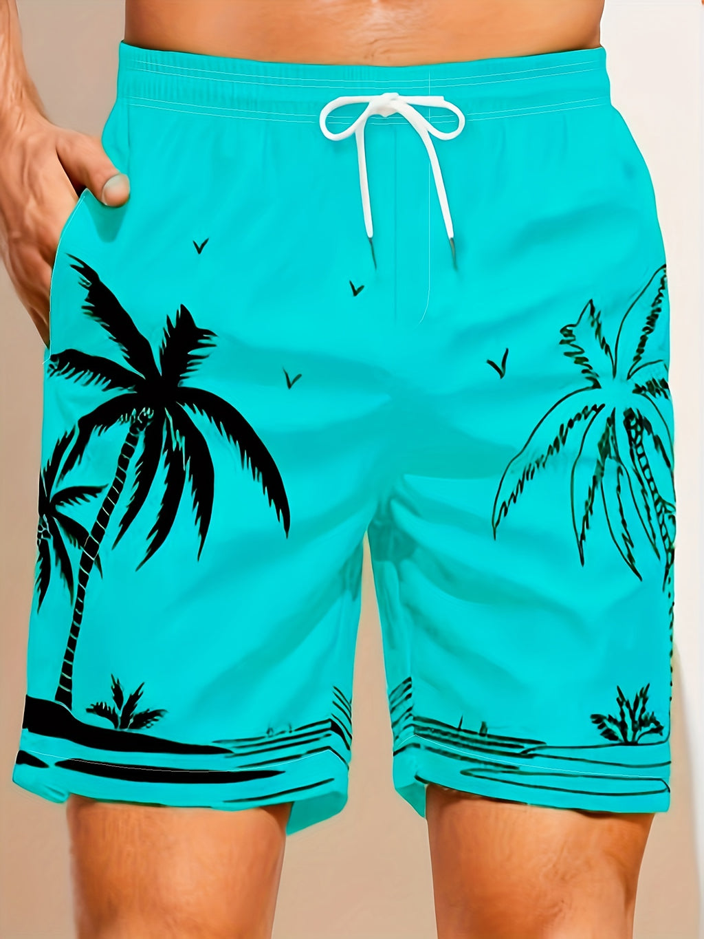Quick Drying Mesh Lining Comfortable Breathable Palm Tree Pattern Drawstring Swim Trunks With 2 Pockets, Men's Pants Swimwear For Summer Vacation Resort Beach Pool