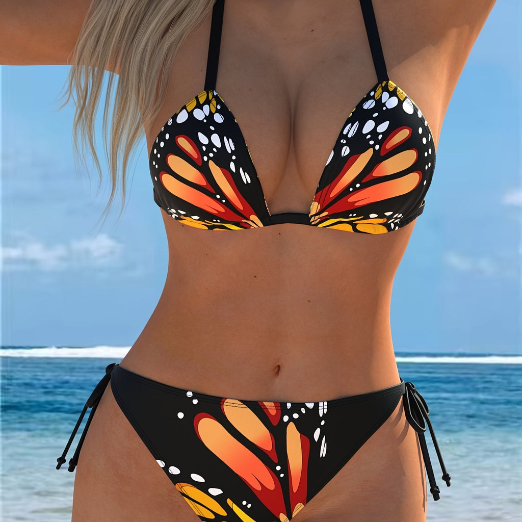 [Sexy Butterfly Bikini] Sexy Butterfly Print Bikini Set for Women | V-Neck Design, High-Stretch Fabric - Perfect for Beach and Pool