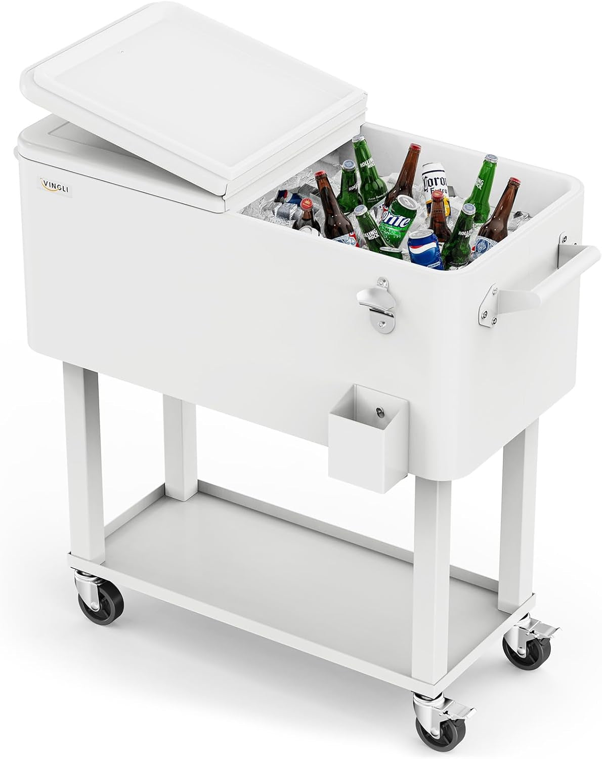 Beat the Heat with Our 80 Quart Rolling Ice Chest! Ideal for Patio Parties, Poolside Gatherings, and Outdoor Fun - Complete with Convenient Shelf & Built-in Bottle Opener!
