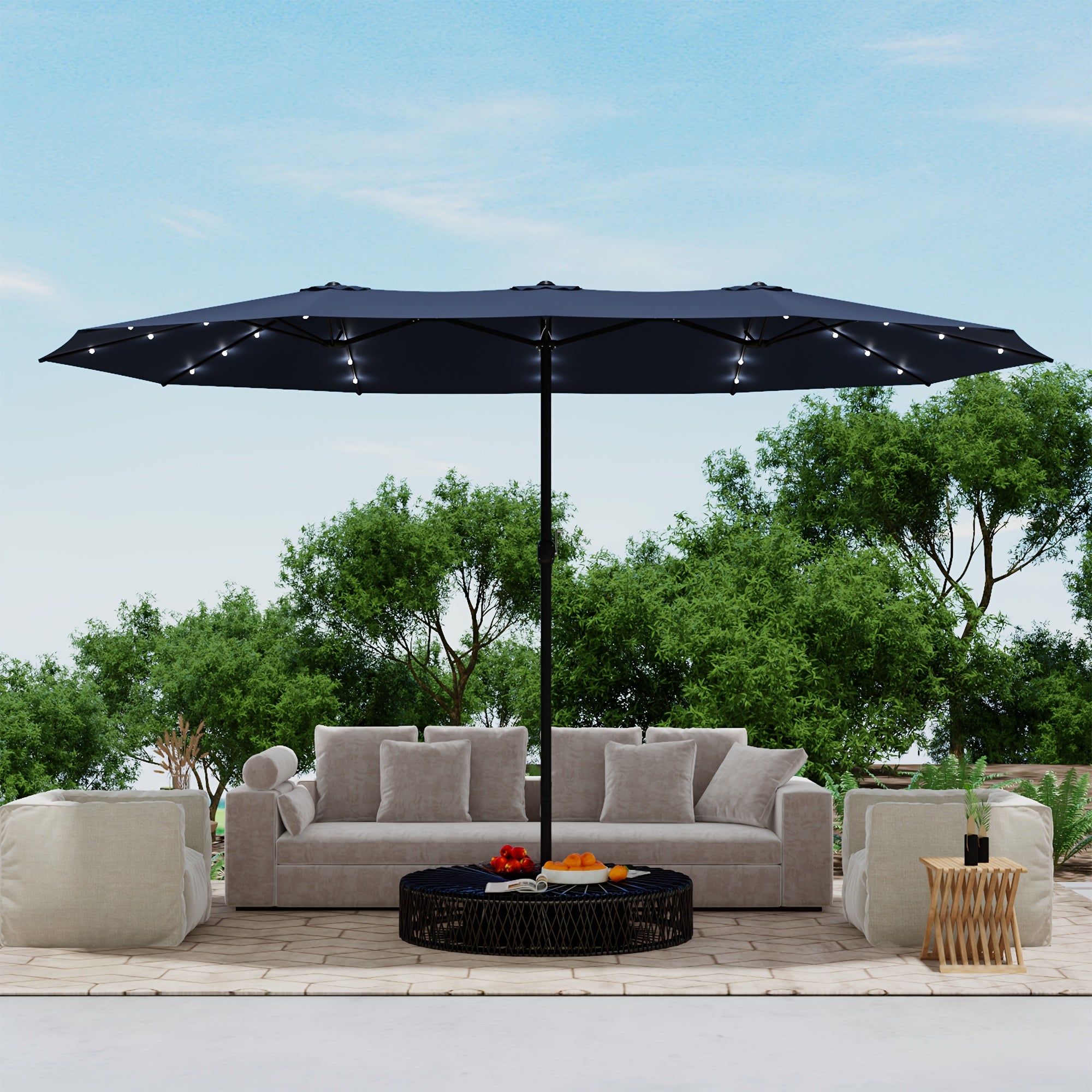 PHI VILLA 15ft Extra Large Rectangular Outdoor Umbrella with Base - Double-Sided Canopy, Heavy-Duty UV, Sturdy Iron Frame & Fabric - Blue Modern Patio Umbrella for Pool, Garden, Backyard, Balcony - Easy-Clean & Windproof Desi
