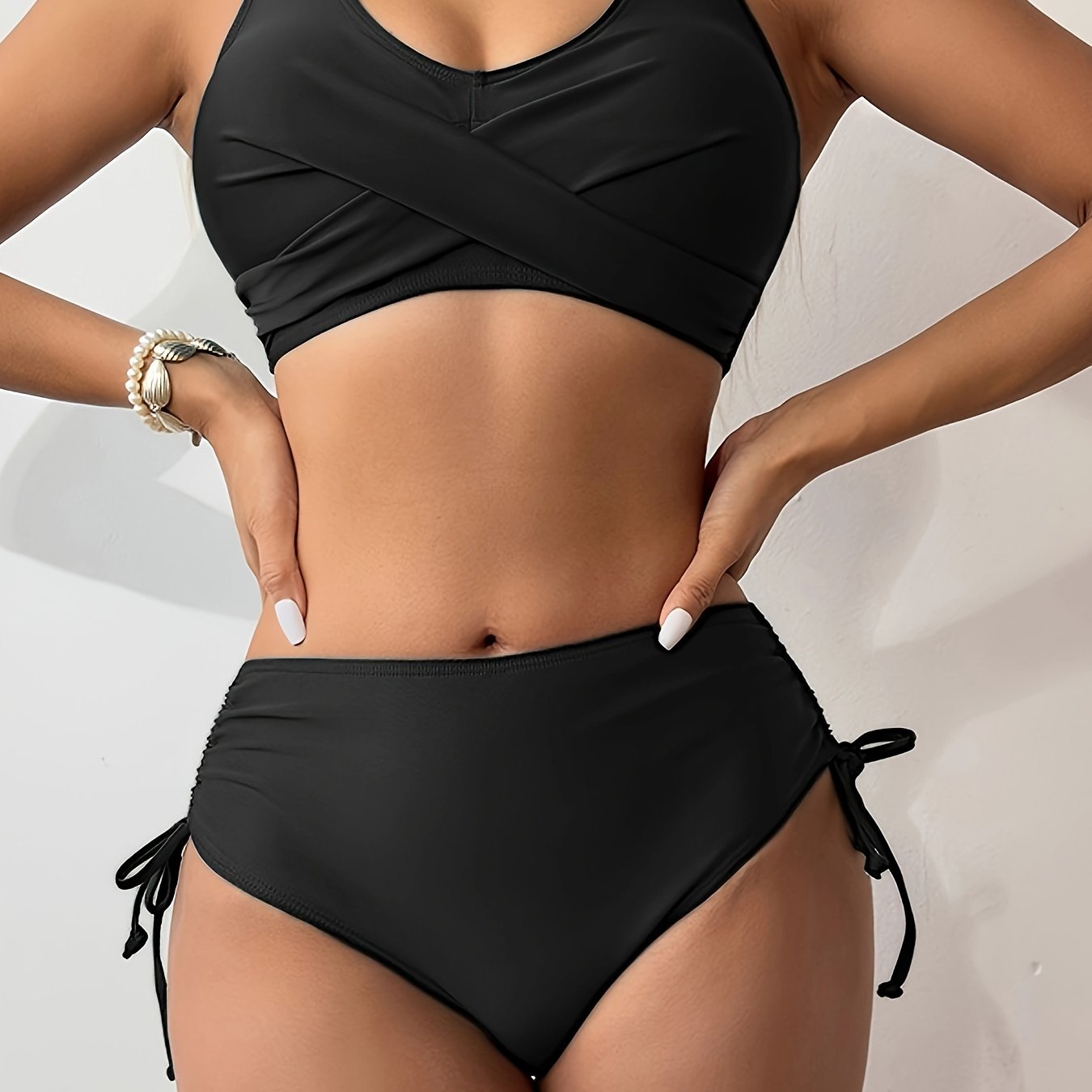 Drawstring Lace Up Plain 2 Piece Set Bikini, Tie Back Twist Stretchy V Neck Swimsuit For Beach Pool Bathing, Women's Swimwear & Clothing