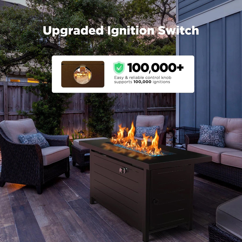 43" Propane Fire Pits for outside 60,000 BTU Gas Fire Pit Table for outside with Lid , Glass Beads, Cup Holders, Hanging Shelf & Nylon Cover, Rectangle