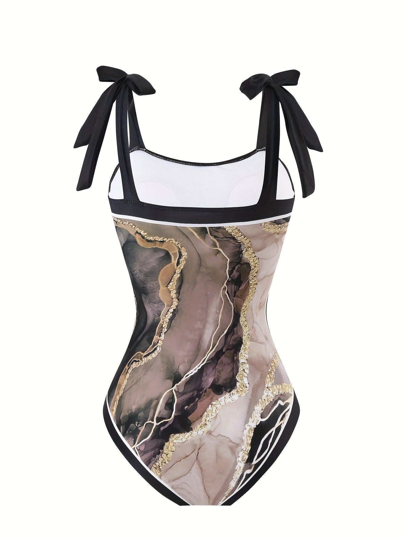 Women'S Off-Shoulder Marble Swimsuit with Sheer Strapless Swimwear - Brown and Golden Accents, High-Stretch Fabric, Perfect for Beach and Pool, Pool Swimsuit|Sleek Two-Piece Set|Subtle Embellishment