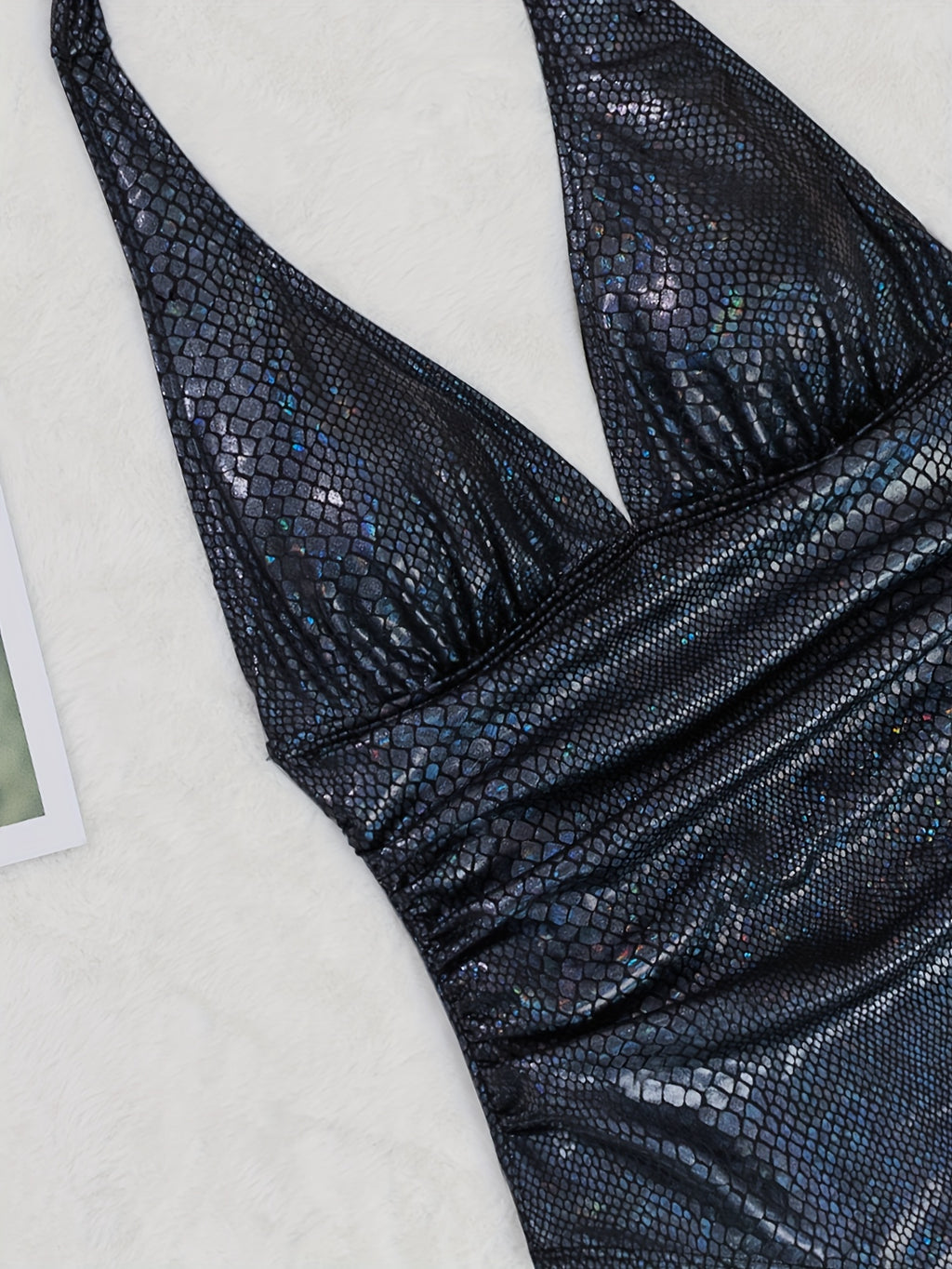 Women's Elegant Black One-Piece Swimsuit - High Elasticity Snug Fit, Backless Design with Snake Print & Shimmering Details, Machine Washable for Beach, Pool, Vacation, Poolside Fashion, Stylish Swimwear, Quality Construction,