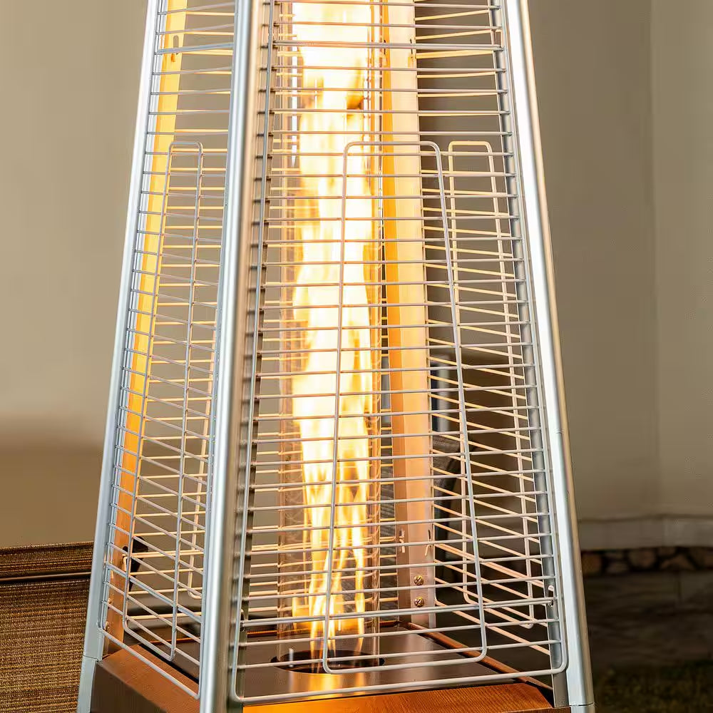 48,000 BTU Stainless Steel Wood-Grain Finish Pyramid Propane Gas Patio Heater with Wheels