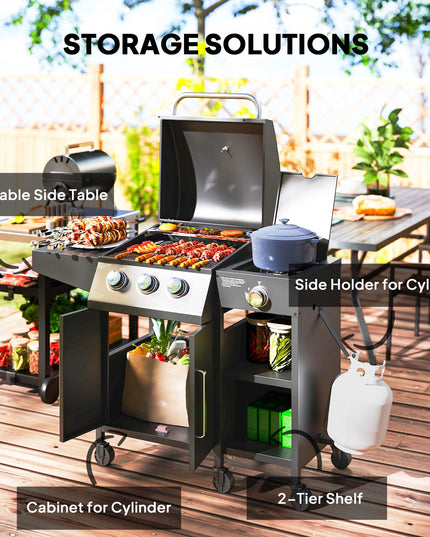 3 Burner Gas BBQ Grill with Storage Cabinet and Side Burner - Black