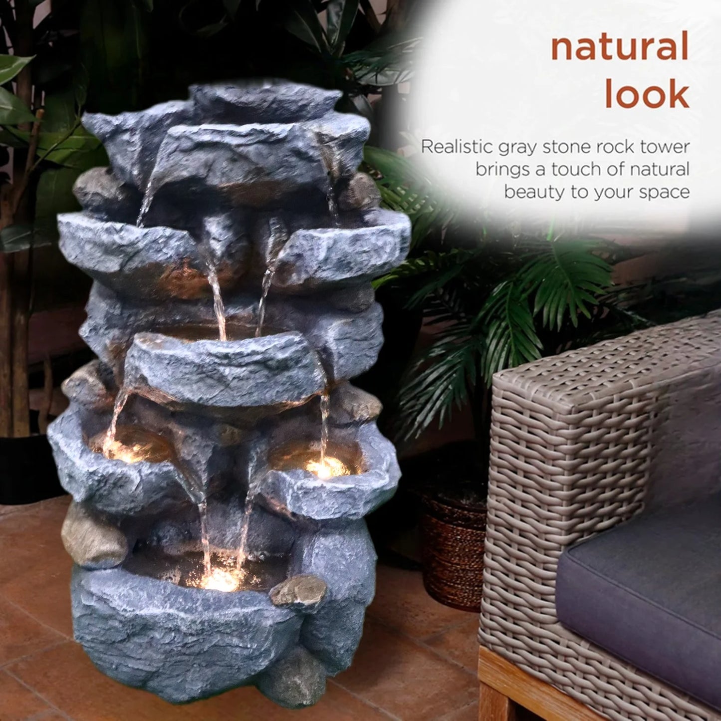 Cascading Serenity Fountain | 6-Tier Outdoor Water Fountain with LED Lights