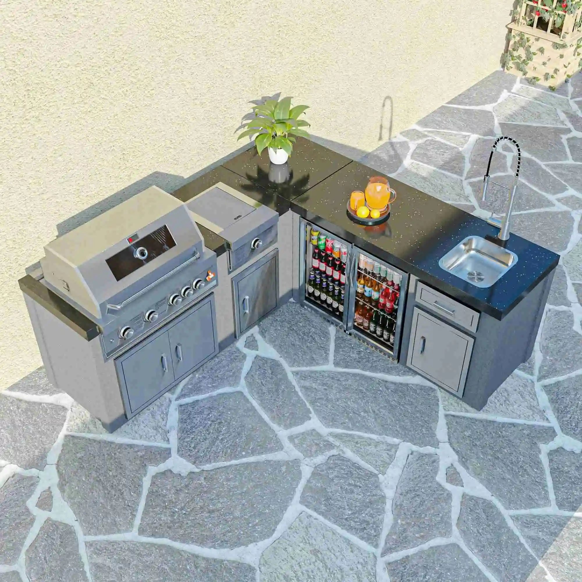 Marble Kitchen Countertop With Modular Oven Stove Cabinet Body Including Single and Double Doors for Outdoor BBQ Grills