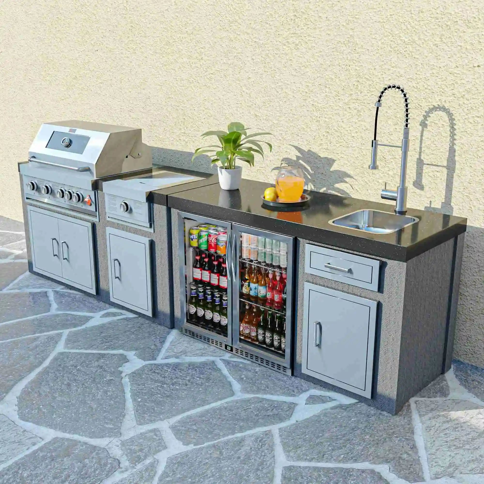 Marble Kitchen Countertop With Modular Oven Stove Cabinet Body Including Single and Double Doors for Outdoor BBQ Grills