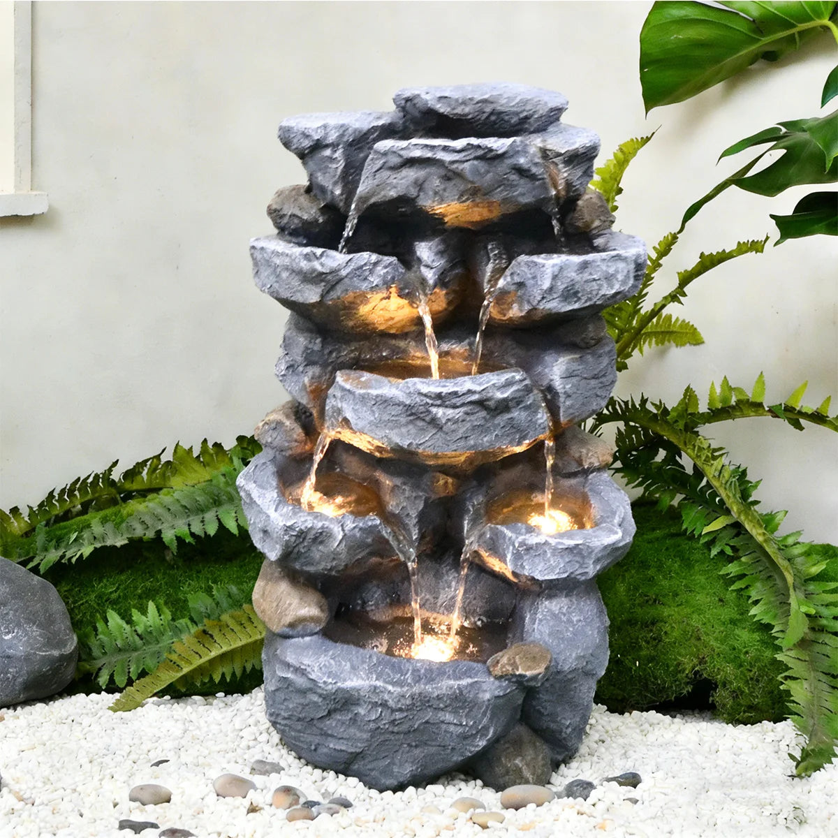 Cascading Serenity Fountain | 6-Tier Outdoor Water Fountain with LED Lights