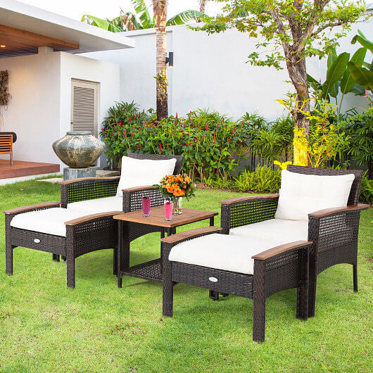 Deluxe Home: 5 Pieces Patio Rattan Furniture Set with Acacia Wood Table