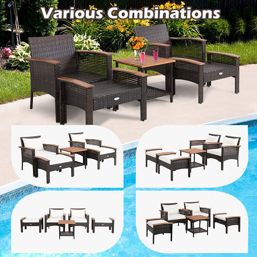 Deluxe Home: 5 Pieces Patio Rattan Furniture Set with Acacia Wood Table