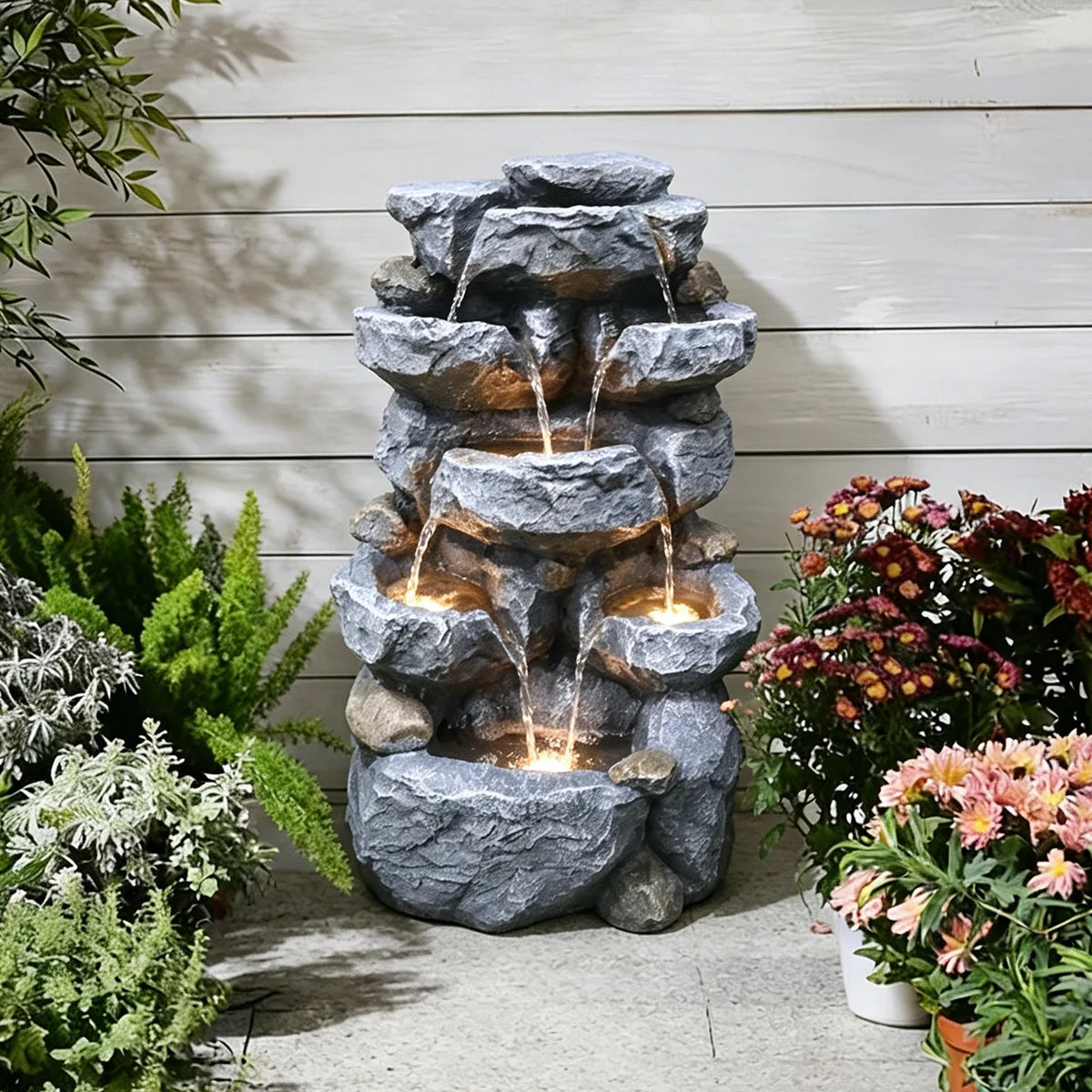 Cascading Serenity Fountain | 6-Tier Outdoor Water Fountain with LED Lights
