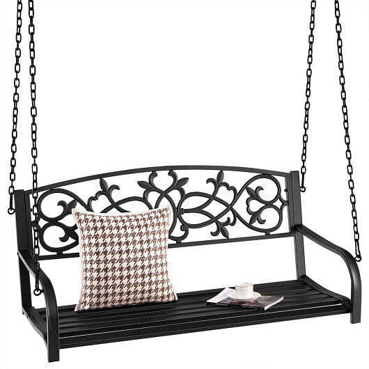 2-Person Outdoor Porch Metal Hanging Swing Chair with Sturdy Chains-Brown