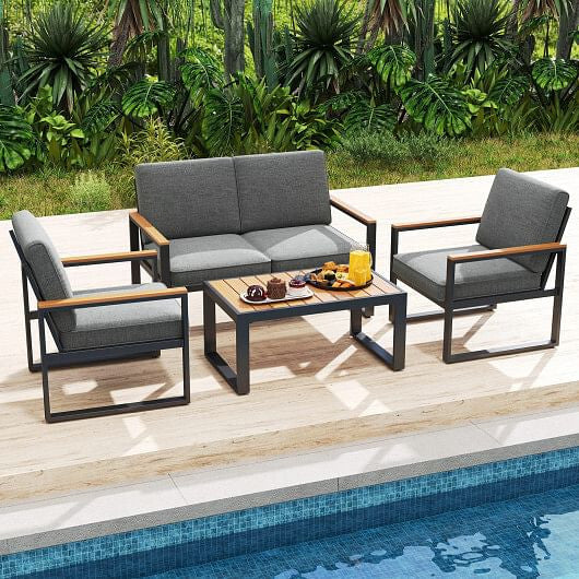 4 Piece Patio Aluminum Furniture Set with Armrests and Tabletop-Gray-1