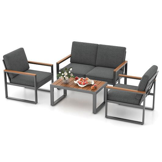 4 Piece Patio Aluminum Furniture Set with Armrests and Tabletop-Gray-2