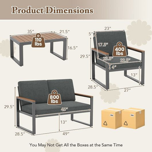 4 Piece Patio Aluminum Furniture Set with Armrests and Tabletop-Gray
