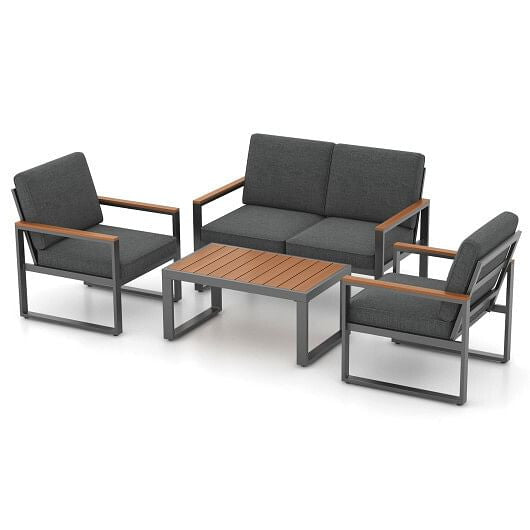 4 Piece Patio Aluminum Furniture Set with Armrests and Tabletop-Gray-4