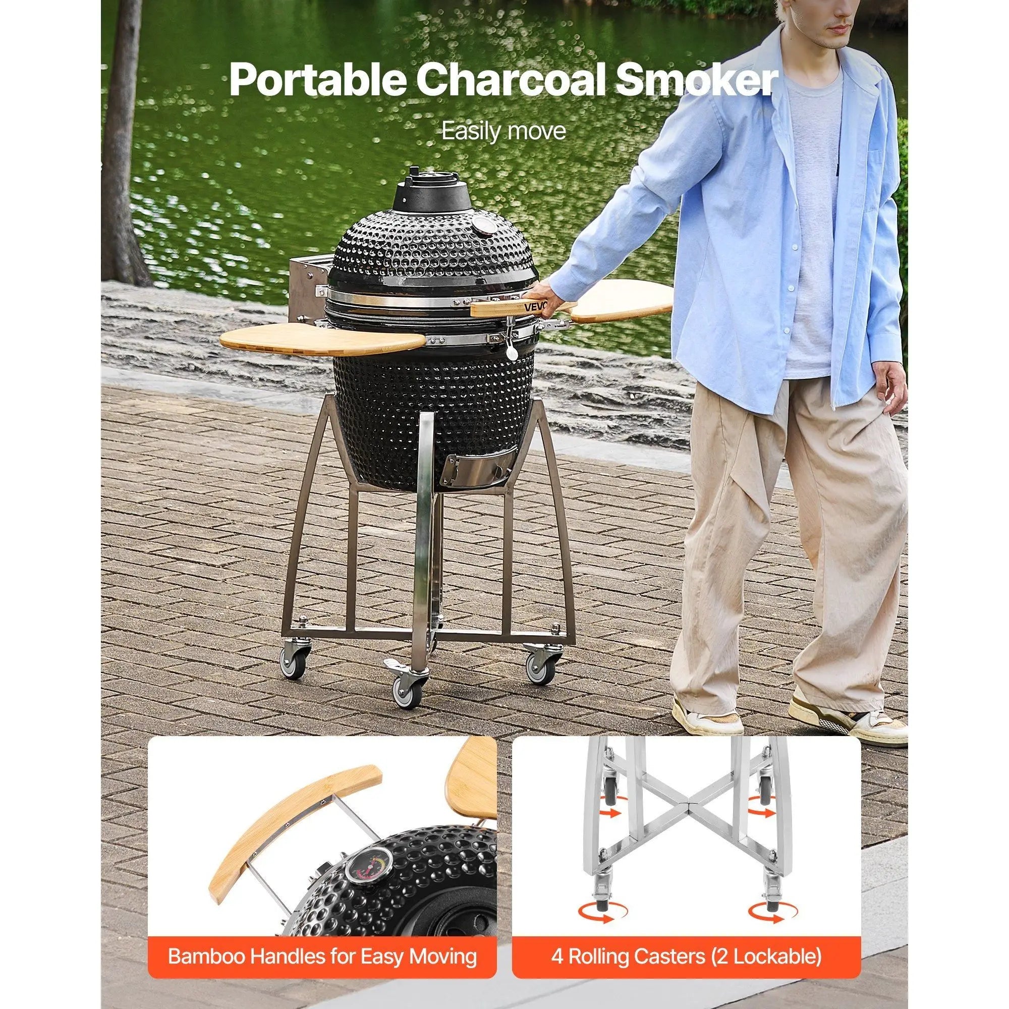 18\" Kamado Charcoal Smoker Grill with 4 Lockable Wheels and Thermometer Movable Ceramic BBQ for Outdoor Patio Yard Cooking