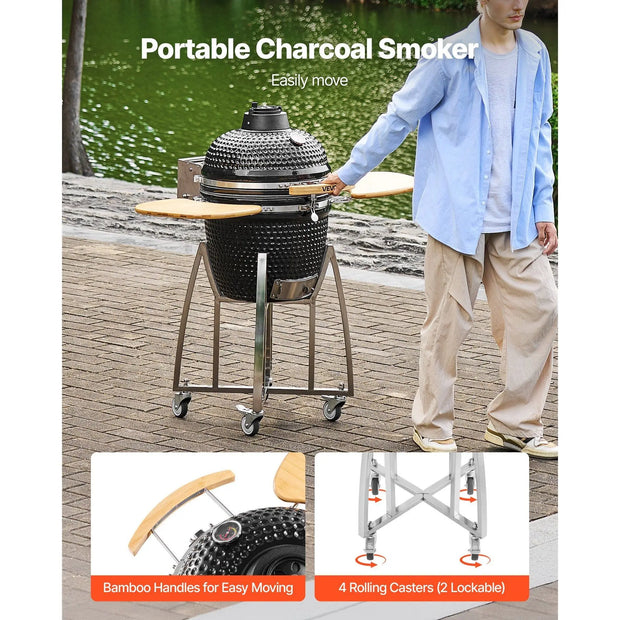 18\" Kamado Charcoal Smoker Grill with 4 Lockable Wheels and Thermometer Movable Ceramic BBQ for Outdoor Patio Yard Cooking