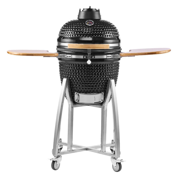 18\" Kamado Charcoal Smoker Grill with 4 Lockable Wheels and Thermometer Movable Ceramic BBQ for Outdoor Patio Yard Cooking
