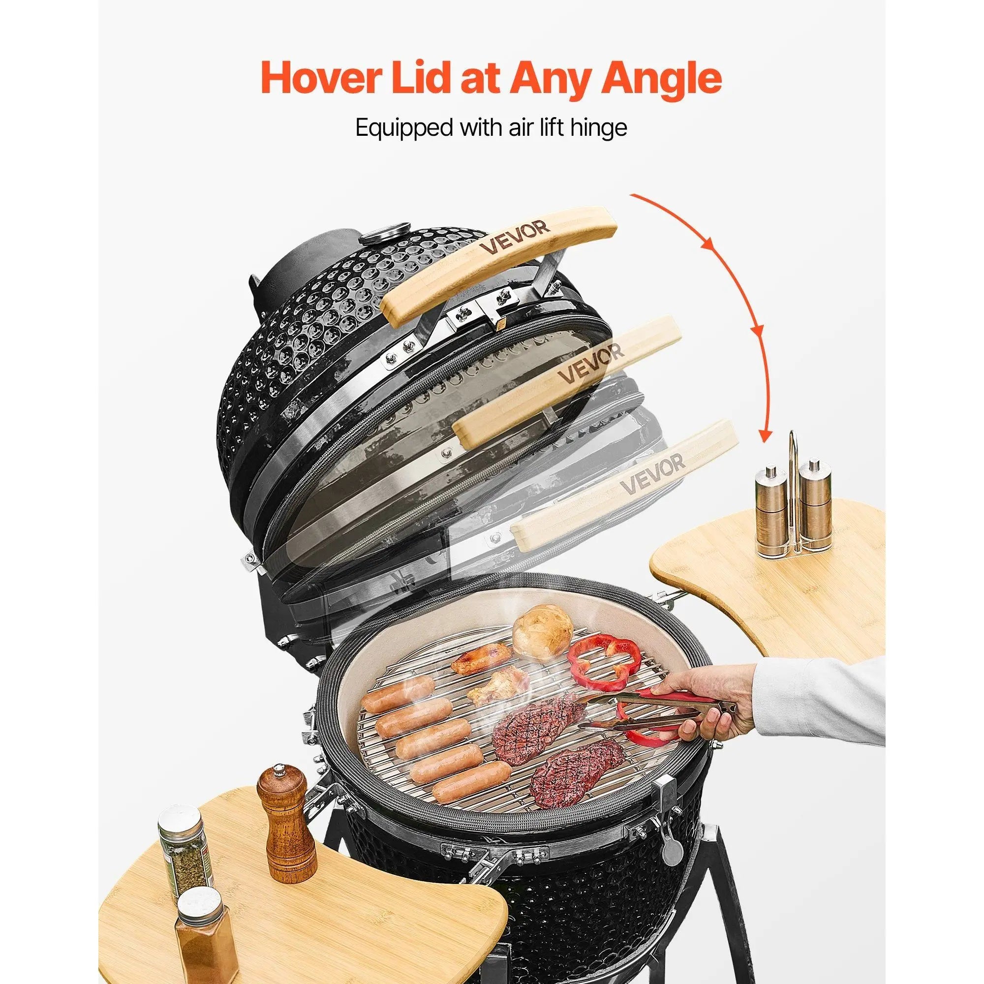 18\" Kamado Charcoal Smoker Grill with 4 Lockable Wheels and Thermometer Movable Ceramic BBQ for Outdoor Patio Yard Cooking