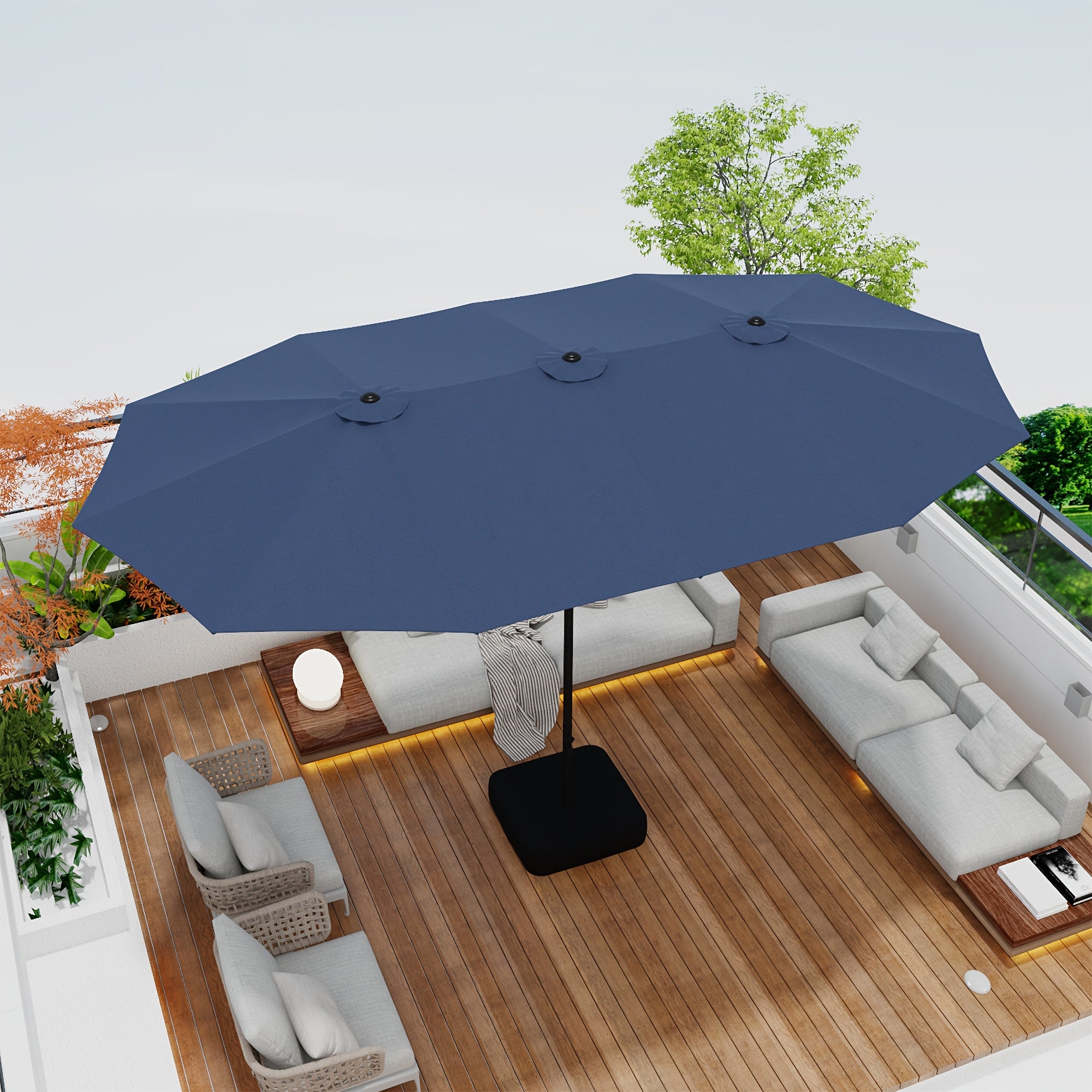 PHI VILLA 15ft Extra Large Rectangular Outdoor Umbrella with Base - Double-Sided Canopy, Heavy-Duty UV, Sturdy Iron Frame & Fabric - Blue Modern Patio Umbrella for Pool, Garden, Backyard, Balcony - Easy-Clean & Windproof Desi