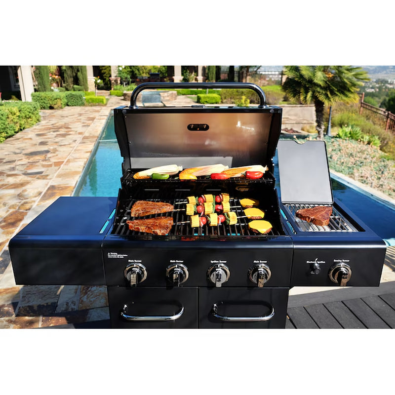 Black with Chrome Accents 4 -Burner Liquid Propane Gas Grill 1 -Side Burner
