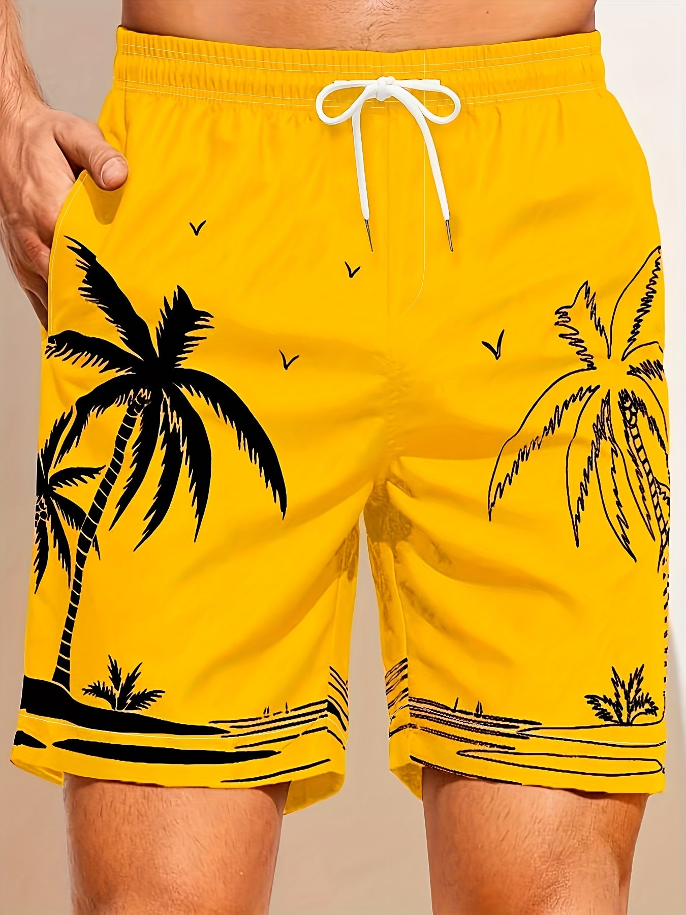 Quick Drying Mesh Lining Comfortable Breathable Palm Tree Pattern Drawstring Swim Trunks With 2 Pockets, Men's Pants Swimwear For Summer Vacation Resort Beach Pool
