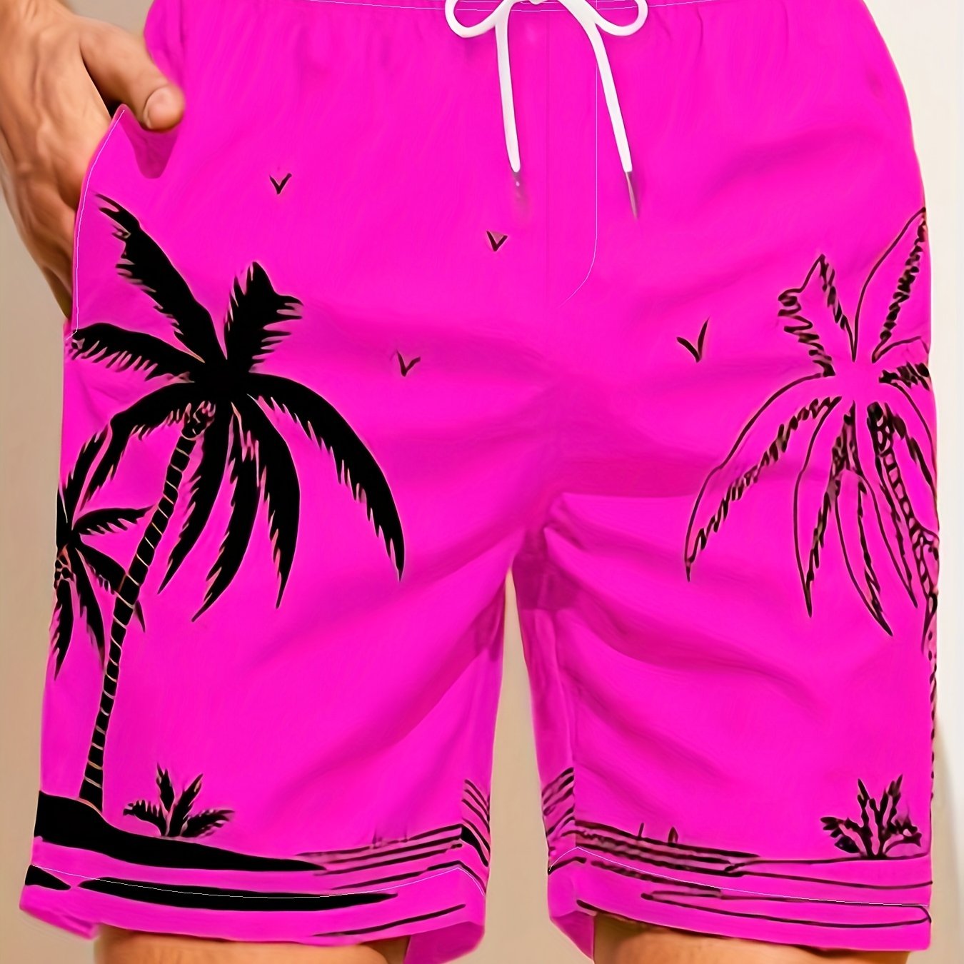 Quick Drying Mesh Lining Comfortable Breathable Palm Tree Pattern Drawstring Swim Trunks With 2 Pockets, Men's Pants Swimwear For Summer Vacation Resort Beach Pool