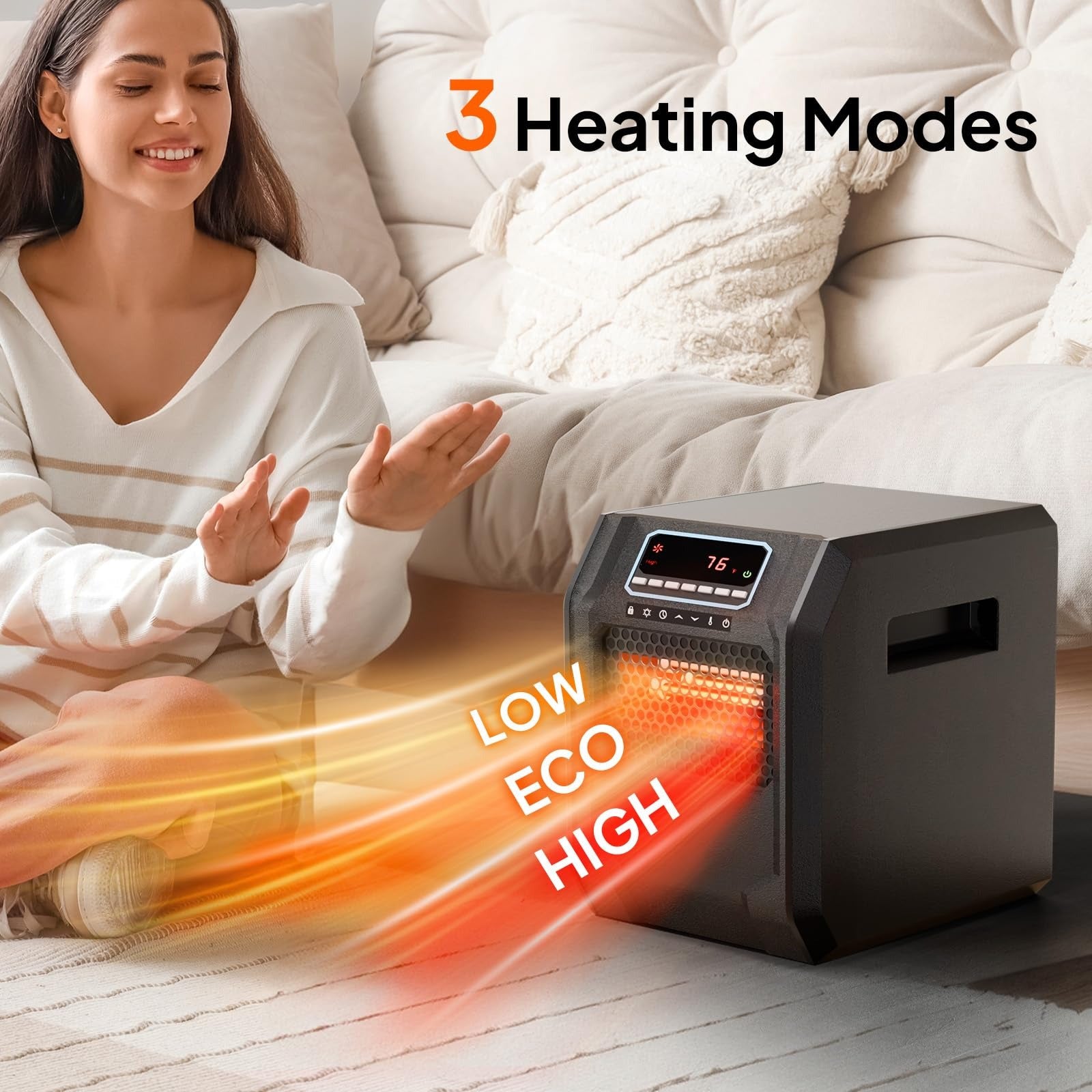 1500W Electric Space Heater with Remote & Timer, Infrared Quarts Heater for Indoor Use, Overheat & Tip-over Protection, 3 Heat Settings