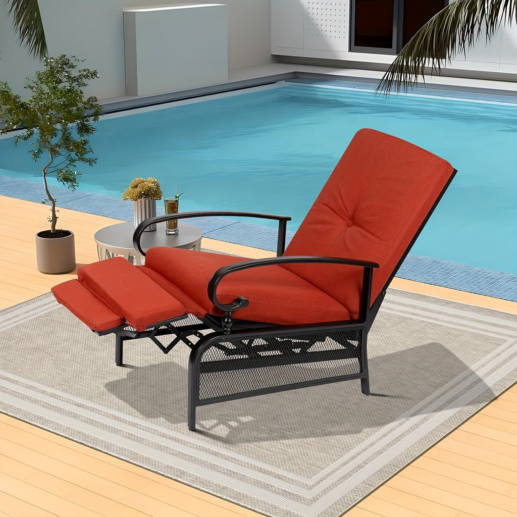 Relaxation Master Recliner - Adjustable Backrest Lounge Chair for Outdoor Leisure - Black Metal Frame, Removable Cushions, Durable, Comfortable, Perfect for Porch, Backyard, Pool or Garden, Red