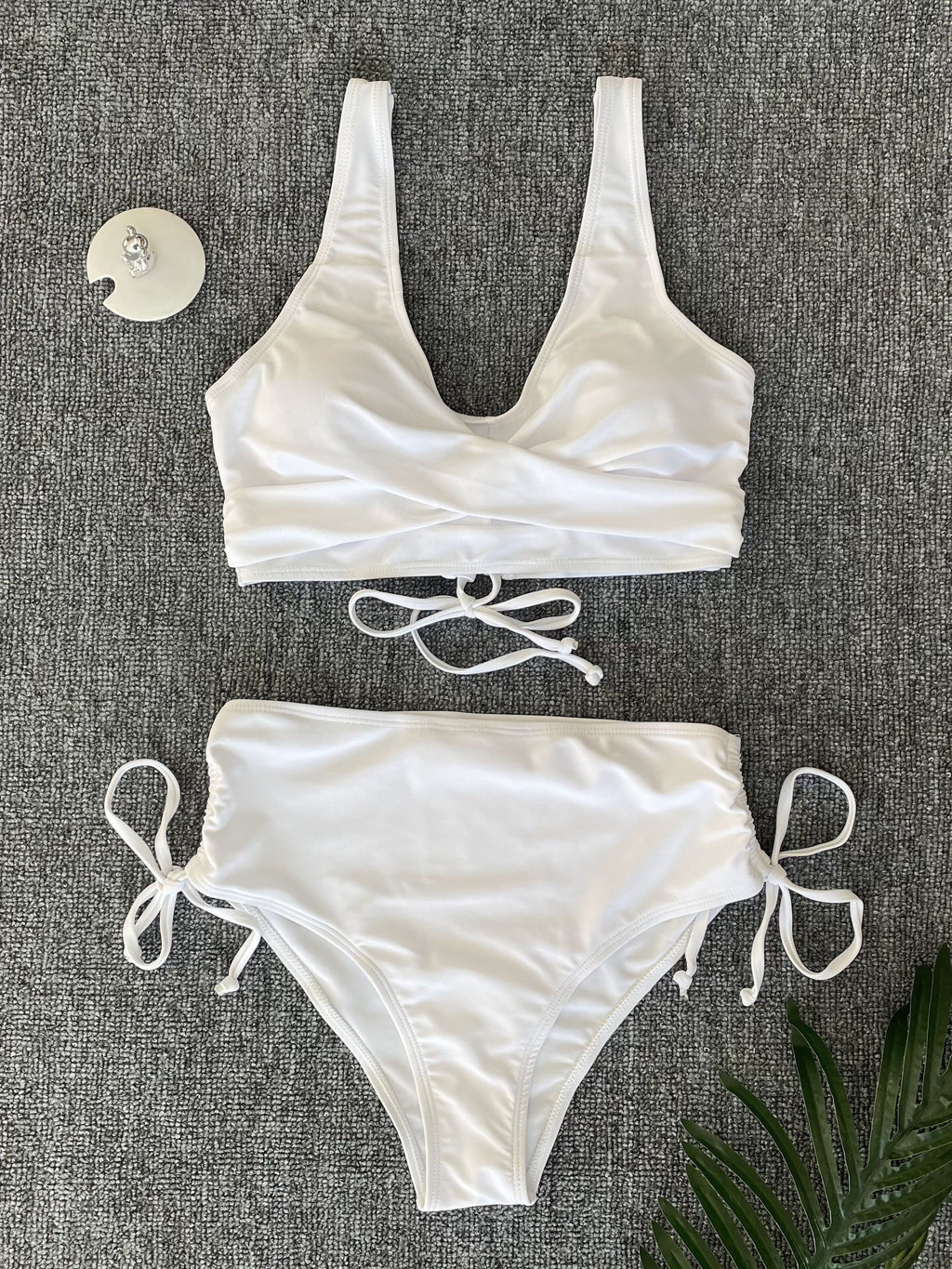 Drawstring Lace Up Plain 2 Piece Set Bikini, Tie Back Twist Stretchy V Neck Swimsuit For Beach Pool Bathing, Women's Swimwear & Clothing