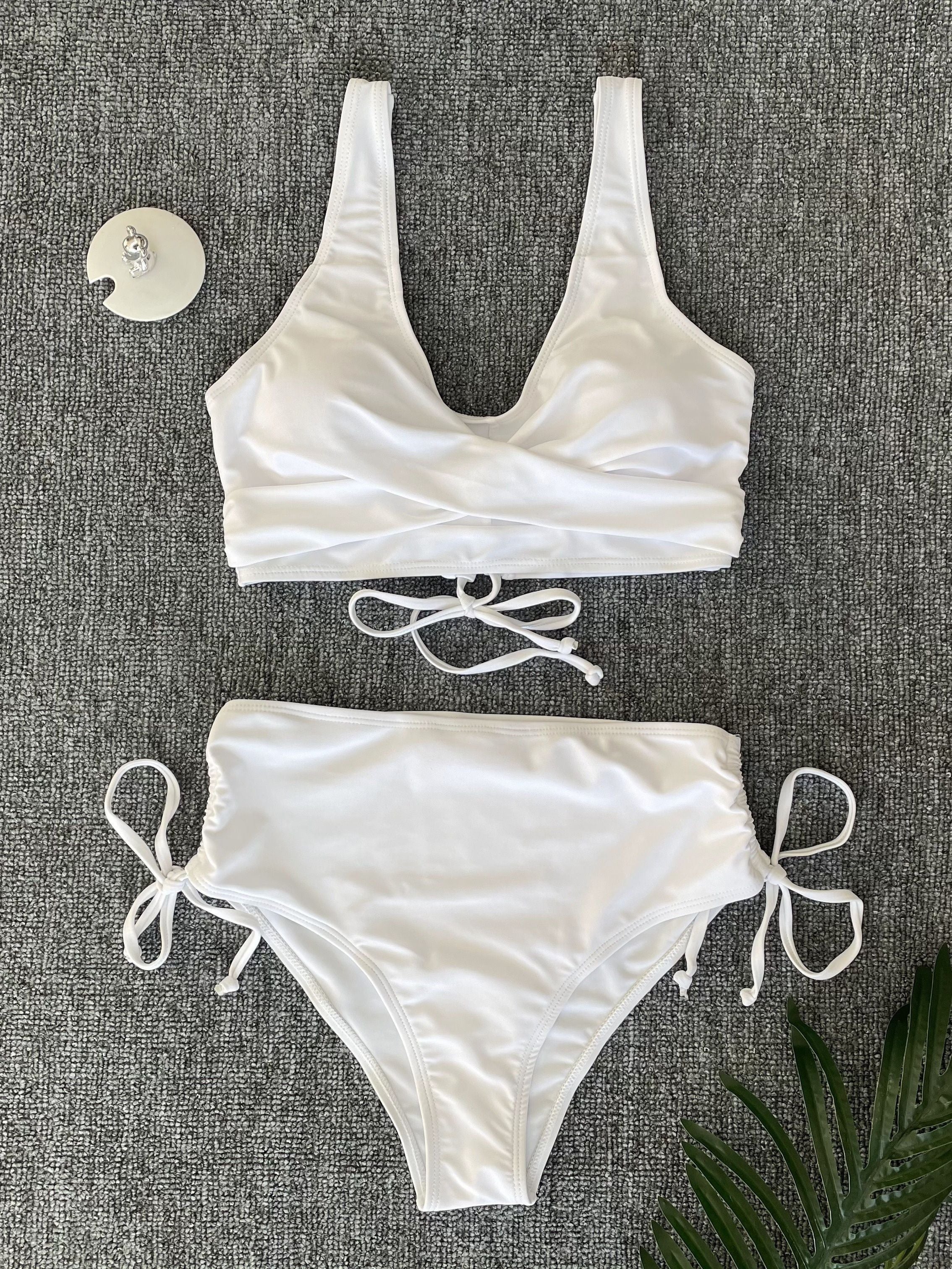 Drawstring Lace Up Plain 2 Piece Set Bikini, Tie Back Twist Stretchy V Neck Swimsuit For Beach Pool Bathing, Women's Swimwear & Clothing